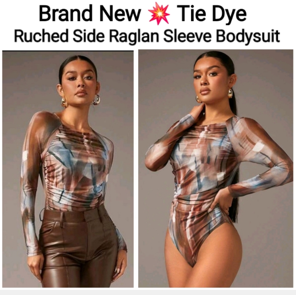 SHEIN BAE Brown and Blue Multi-Color Ruched Raglan Bodysuit Size L